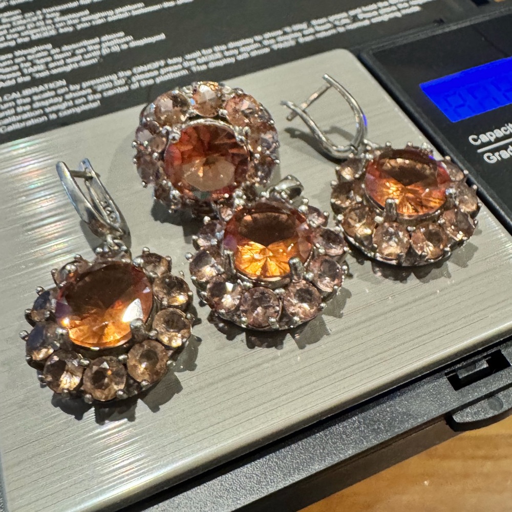 Elegant Sterling Silver Citrine Set: Ring, Earrings and Pendant